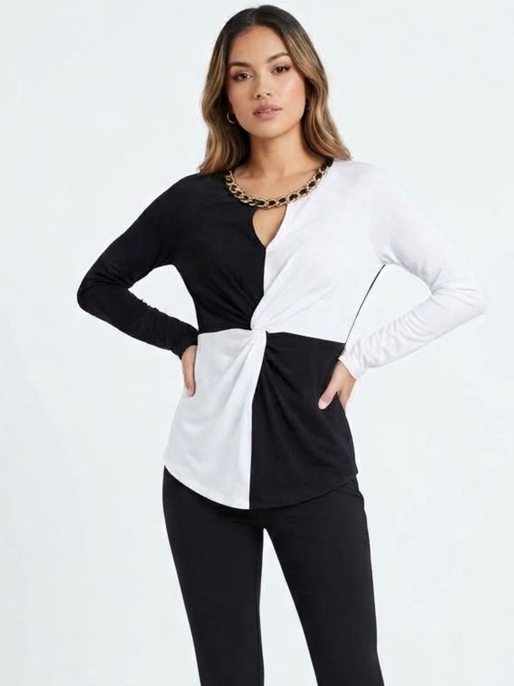 VENUS Black & White Twist-Front Long Sleeve Top with Chain Trim